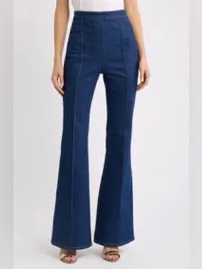 SPANX Pintuck Seamed Flare Jeans Raw Indigo Pull On L
